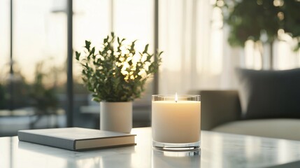 Enhancing Ambiance A Luxury Scented Candle at the Center of a Serene Living Room Oasis for Relaxation and Style