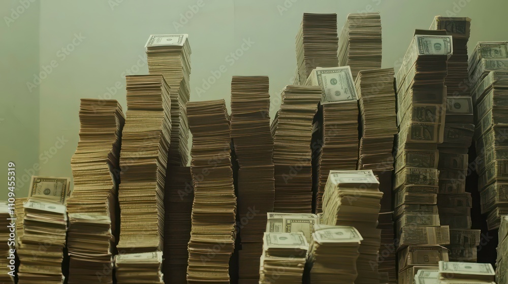 Aufkleber High stacks of US dollar banknotes, creating an impressive and imposing structure.