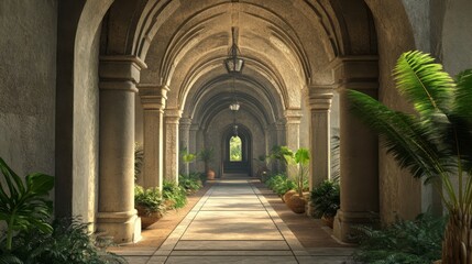 Obraz premium Sunlit stone arched hallway with plants.