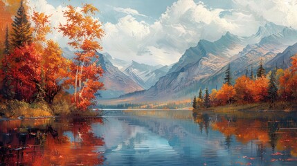 Obraz premium Autumnal lake reflecting vibrant fall foliage and majestic mountains.