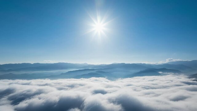 Hyperlapse aerial view drone flying over sea of fog at sunrise, Gunung Silipat viewpoint, Yala, Thailand
