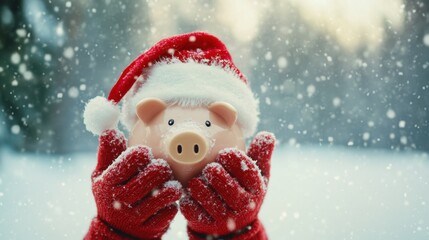 Fototapeta premium Christmas Piggy Bank in Snowy Landscape with Red Gloves and Hat