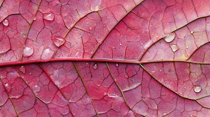 Fototapeta premium Magnifying water condensation droplets on a delicate plant leaf reveal the intricate,geometric patterns of its veins in a high-definition close-up shot. This natural,organic.
