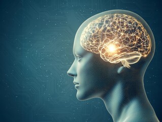 Obraz premium Futuristic Neural Connections - Glowing Brain in Wireframe Head on Circuit Board Background Technological Innovation Concept