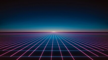 Futuristic Synthwave Horizon Glowing Grid Lines at Sunrise, Digital Art Landscape