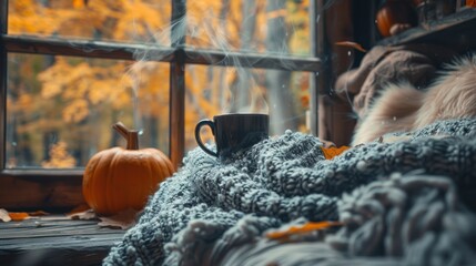Cozy autumn scene with steaming mug, pumpkin, and blanket by window.
