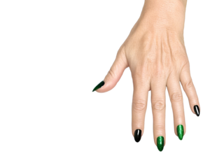 natural photorealistic female hand of a woman who is about 40 years old with Christmas painted fingernails. 