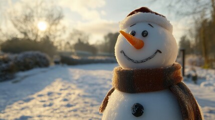 Obraz premium Cheerful Snowman with Scarf and Hat Surrounded by Winter Landscape