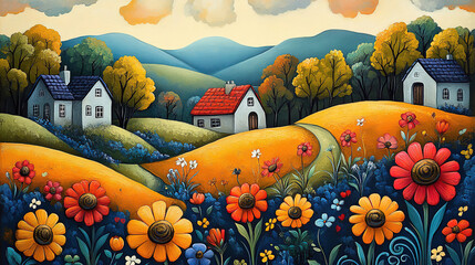 Colorful flower fields with houses and mountains during a bright day in a countryside landscape. Generative AI
