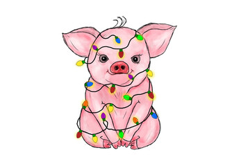 Pig Animal Christmas Lights Sublimation Design
