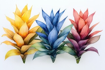 Obraz premium Vibrant watercolor illustrations of stylized plants in yellow, blue, and red hues.