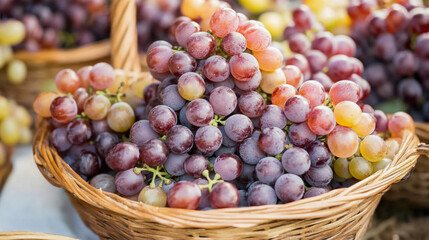 Wicker basket overflowing with freshly picked red grapes at farmers market