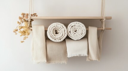 Cozy Neutral Textiles Hanging on Minimalist Wooden Rack