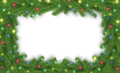 
Christmas outline frame without background .png decorative rectangular vector illustration with colorful Christmas lights garland style pine branches