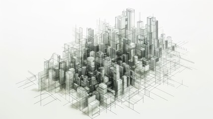 Fototapeta premium Detailed wireframe sketch of a dense cityscape with tall skyscrapers, emphasizing geometric shapes and modern architecture. Perfect for design concepts. AI generated.