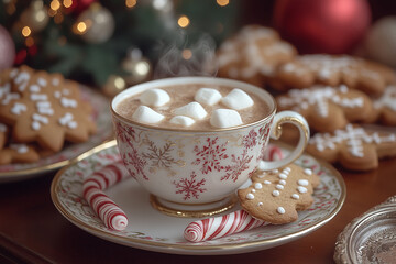 Fototapeta premium Close-up of a festive holiday table with hot chocolate and decorated cookies