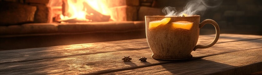 Fototapeta premium A steaming mug with citrus slices on a wooden table near a cozy fireplace.