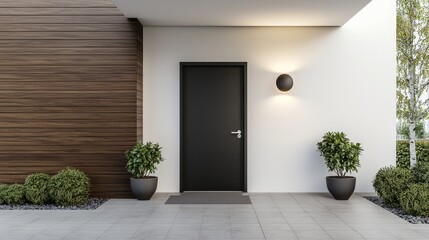 Modern Luxe Entrance Contemporary Black Door Flanked by Potted Plants on Minimalist Patio, Symmetrical Design with Serene Ambiance for Real Estate and Home Decor Projects