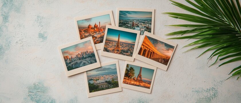 Nostalgic Wanderlust Closeup of Overlapping Instant Photos with Sunset Hues on Textured Surface, Palm Leaf, Vintage Travel Memories Stock Photo for Travel Blogs and Social Media