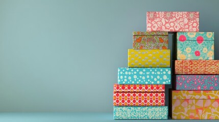 Fototapeta premium Colorful Stacked Gift Boxes on a Soft Blue Background