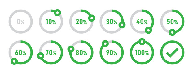 Infographic loading circles and progress circles set with 0 to 100 percent in green color. Set of circle percentage diagrams for infographics 0 10 20 30 40 50 60 70 80 90 100 percent. Vector icon
