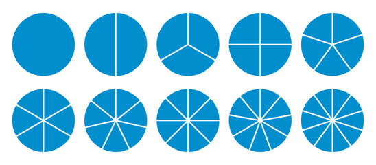 Infographic icons circles set divided radius in blue color vector image. Segments of circle with 1 to 10 pieces. Blue round diagram. Divided circle sections set.