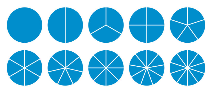 Infographic icons circles set divided radius in blue color vector image. Segments of circle with 1 to 10 pieces. Blue round diagram. Divided circle sections set.