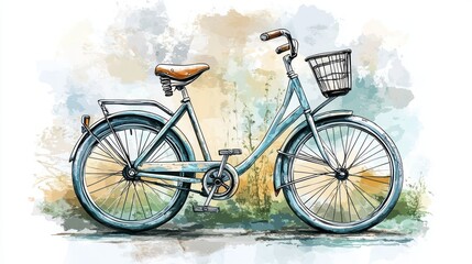 A vintage-style bicycle with a basket, illustrated in a watercolor effect.