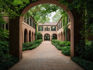 Obraz premium Serene Courtyard Pathway with Brick Arches and Lush Foliage - Tranquil Garden Landscape Entry