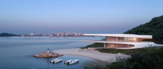 Serenity Coastline Retreat Modern White Architecture on Sunset Beach with Cityscape View - Tranquil Luxury Getaway