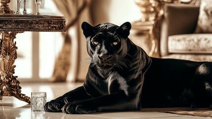 A black panther exudes grace and power while lounging in an opulent room, surrounded by luxurious furnishings that highlight its majestic presence.