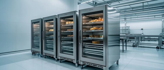 Sleek Stainless Steel Refrigerated Displays in Modern Industrial Kitchen Cool Blue Ambient Lighting for Commercial Showcase Professional Catering Equipment Concept