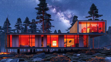 3d rendered cross section of a modern home illuminated at night for architectural visualization