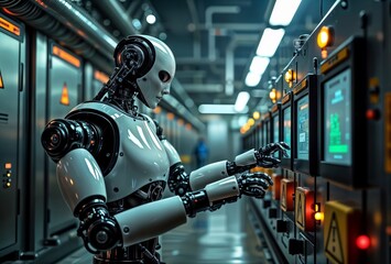 Fototapeta premium Robot in Control Room. Humanoid robot operating control panels in an industrial environment.