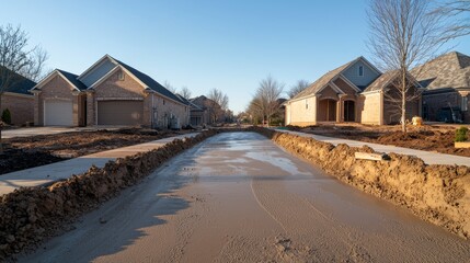 Obraz premium Symmetrical Progress Newly Poured Concrete Road in Residential Development under Clear Skies Real Estate Construction Site Concept
