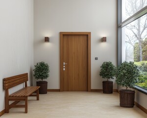 Symmetrical Serenity Minimalistic Wooden Door Entryway with Natural Elements and Soft Lighting