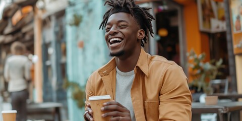 A man with dreadlocks is sitting at a table with a cup of coffee. He is smiling and he is enjoying his coffee