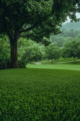 Obraz premium Tranquil Forest Path with Majestic Tree Trunk - Peaceful Nature Landscape in Soft Green Tones for Zen Meditation or Relaxation Retreat Brochures