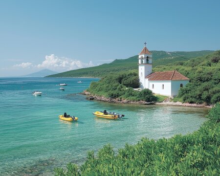 Tranquil Coastal Serenity Whitewashed Church on Turquoise Shoreline with Lush Greenery and Boats Under Clear Blue Sky