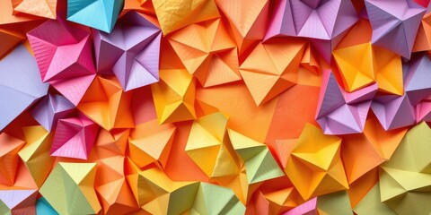 Obraz premium A vibrant and playful pattern of folded paper in shades of orange, pink, yellow, blue, and purple, creating a dynamic and textured abstract design.