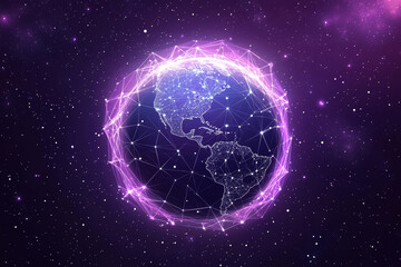 Obraz premium Purple holographic glowing globe from space inside digital network grid on a starry sky background. Concept of metaverse, matrix, web 3.0, futuristic digital technology, global connections. 