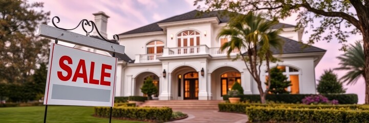 This inviting image showcases a beautiful, well-maintained family home with a "For Sale" sign in the front yard. The spacious house, with its classic architecture and manicured landscaping.