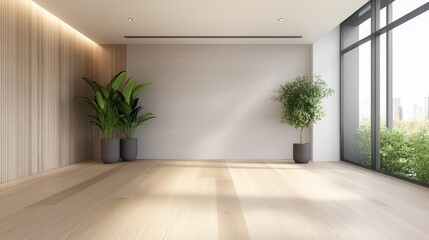 Fototapeta premium A large, empty living room with a couch and a potted plant