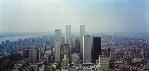Fototapeta premium Urban Majesty Iconic Skyscrapers Embracing the Horizon in Metropolis - Grandiose Cityscape Under Overcast Skies