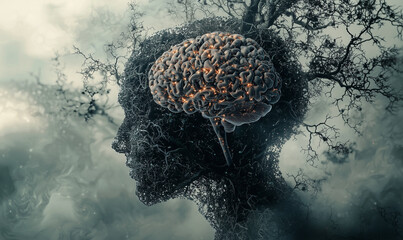Artistic depiction of Alzheimer’s disease affecting the brain, showing amyloid plaques and neurofibrillary tangles.
