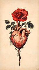 Anatomical heart illustration with red rose, symbolizing love and life