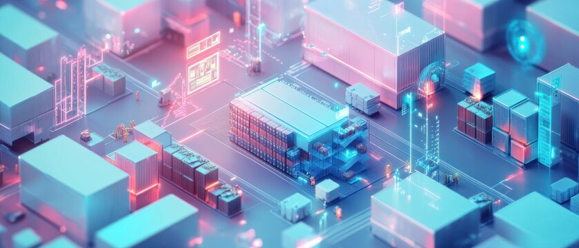 A futuristic digital landscape depicting a high-tech warehouse.