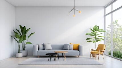 A living room with a white couch, two chairs, a coffee table, and a potted plant