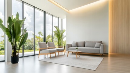 Fototapeta premium A large, open living room with a view of a golf course