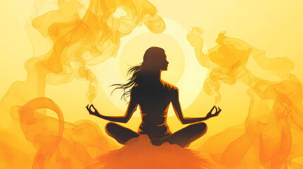 A serene character meditating with peaceful thoughts illustrated as smoke, set against a warm yellow background. Zenith. Illustration